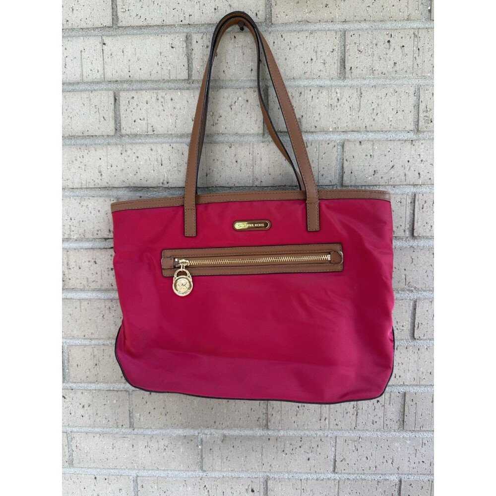 Michael Kors Kempton Nylon Tote Red Brown Leather Bag